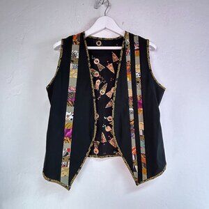 Birdworks Women’s Reversible Vest Small Black Art to Wear Boho Ethnic Vintage